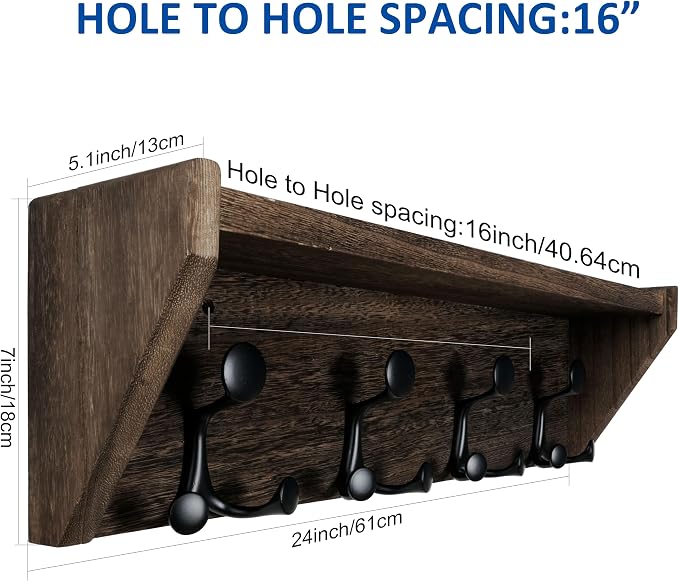 WEBI Wall Shelf with Hooks Underneath, 24” Long Wall Mounted Coat Rack with - Image 8