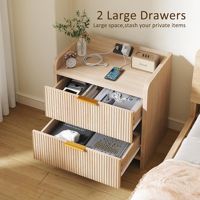 Fluted Nightstand with Charging Station, 23.6" Modern Night Stand with 2 Drawers - Image 5