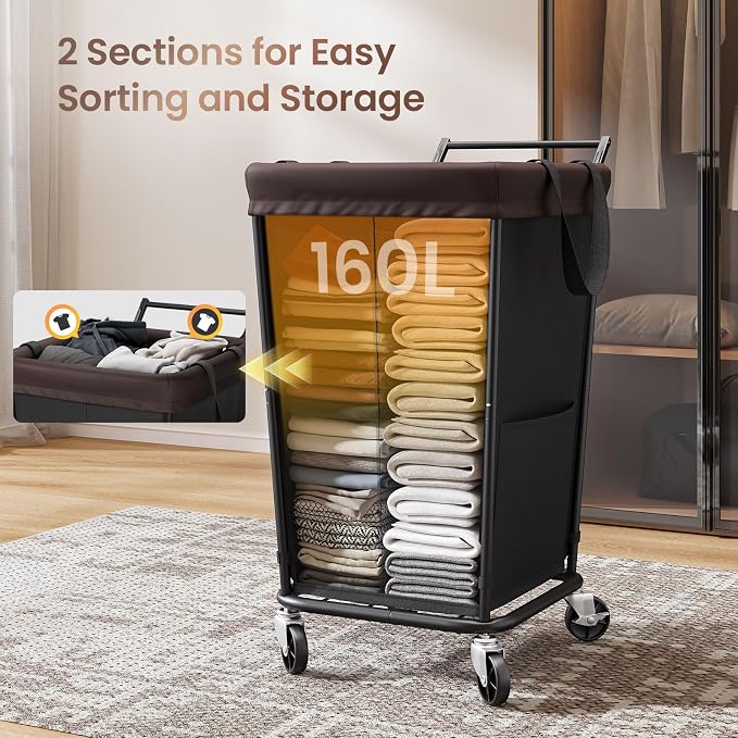 160L Laundry Hamper with Wheels and Handle, 2-Section Rolling Hamper - Image 4