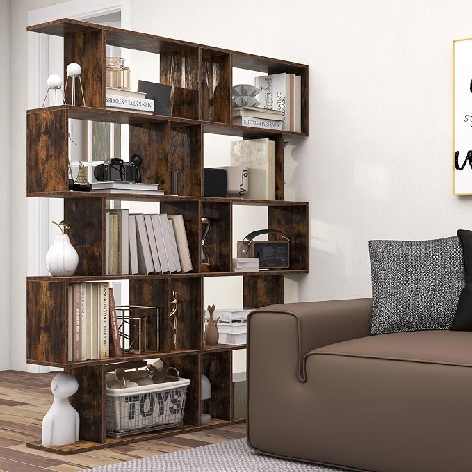 5-Tier Geometric Bookcase Set of 2, 62.5” Freestanding Room Divider Bookshelf - Image 9