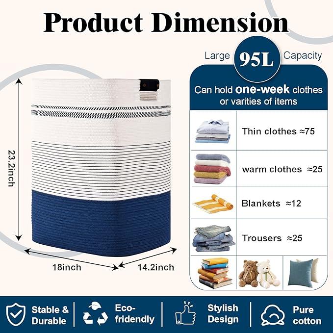 Laundry Hamper, 95L Tall Laundry Basket - Image 3
