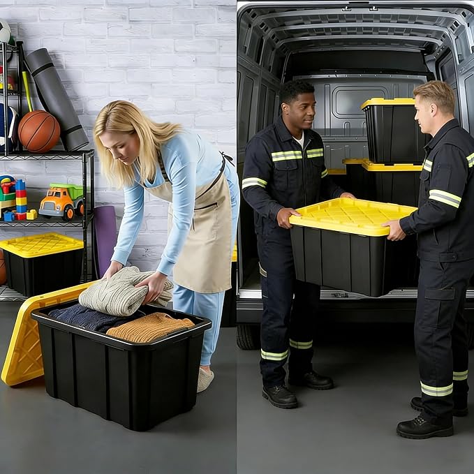 6 Pack 27 Gallon Black & Yellow Heavy-Duty Stackable Storage Bins - Image 3