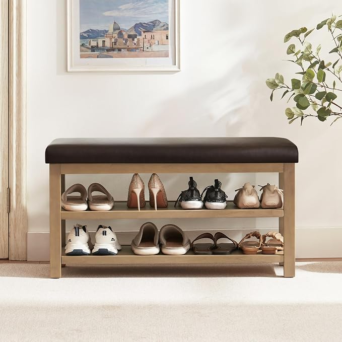 Zihanhome Shoe Rack Bench with Leather Cushion, 2 Tier Solid Wood Storage Bench by Zihanhome