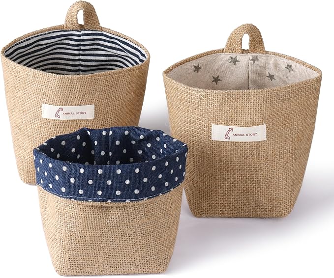 3 PCS Mini Hanging Storage Bag Cotton Linen Small Storage Basket Wall Hanging by DTLIFEK