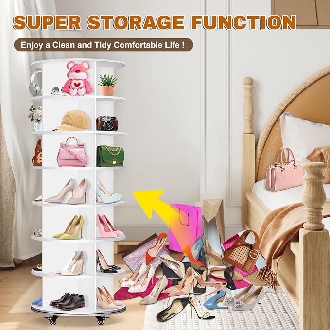 7 Tier Rotating Shoe Rack with 4 Universal Wheels, 360° Revolving Free Standing - Image 6