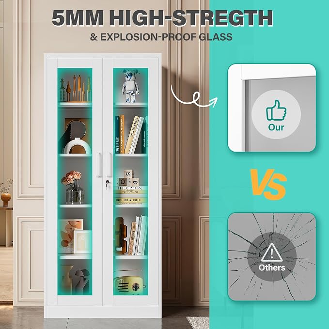 Metal Storage Cabinet with Lock and Glass Doors, Glass Display Cabinet - Image 7