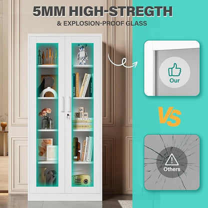 Metal Storage Cabinet with Lock and Glass Doors, Locking Curio Cabinets with 5 - Image 8