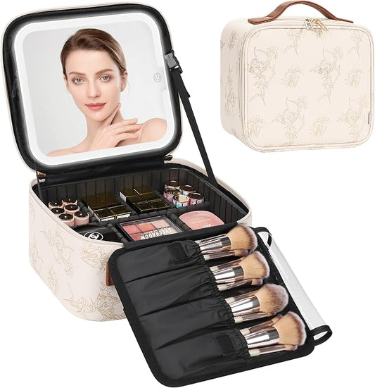 Relavel Travel Makeup Bag with LED Mirror, Lily Flower | Portable Cosmetic by Relavel
