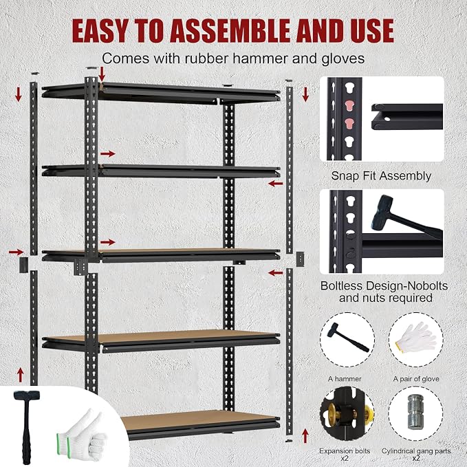 72" H Heavy Duty Garage Shelving, 2400LBS Capacity 5-Tier Storage Shelves - Image 8