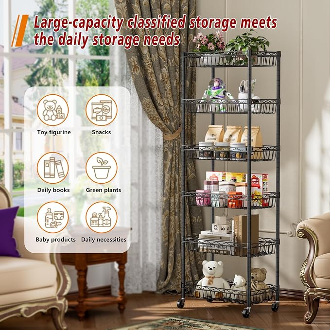 6 Tier Basket Shelf Wire Shelving Unit Adjustable Storage Shelves Big Basket - Image 6