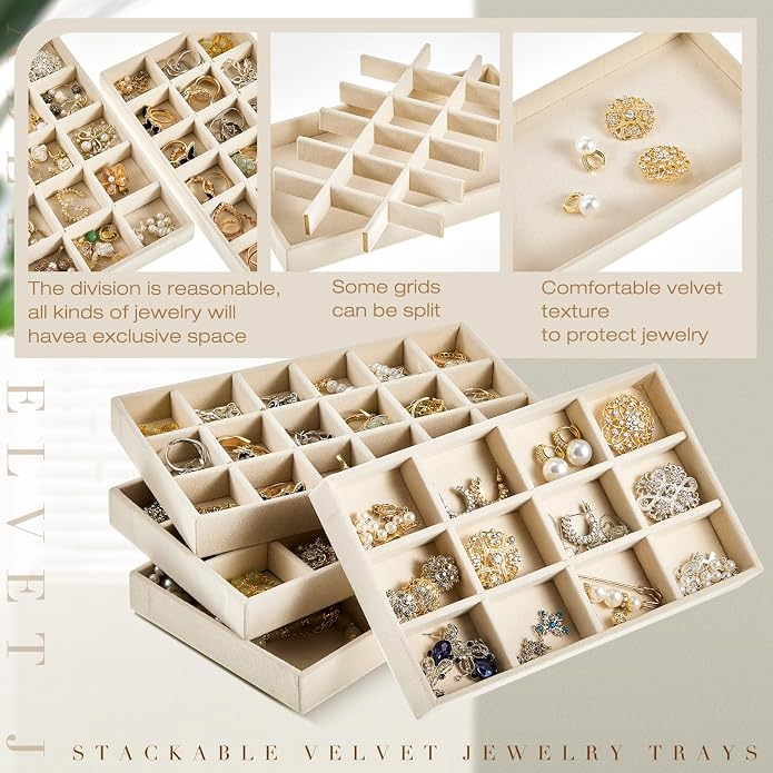 Junkin 12 Pcs Jewelry Tray Velvet Stackable Jewelry Organizer Trays Divided - Image 3