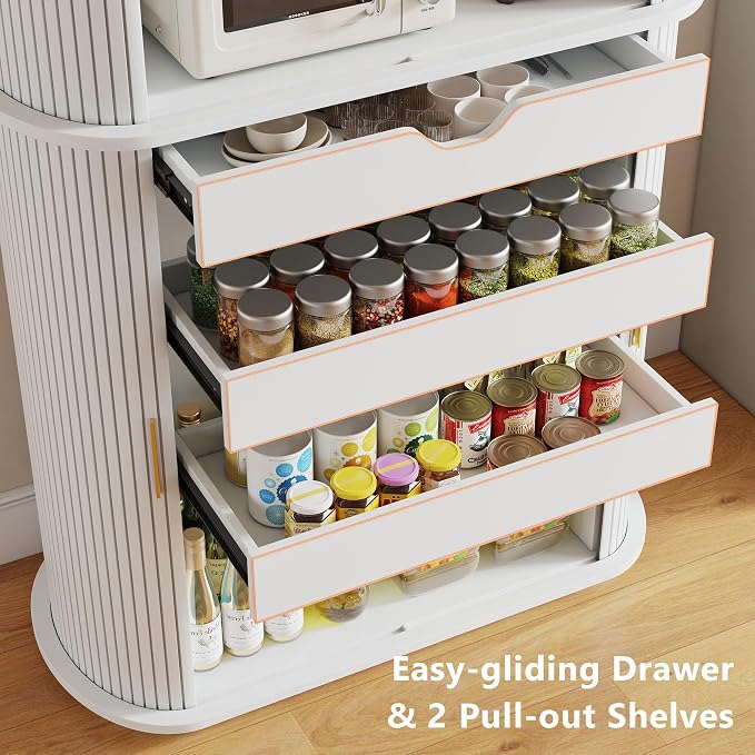 iPormis Kitchen Pantry with Sliding Doors, Tall Modern Curved Pantry Storage - Image 7