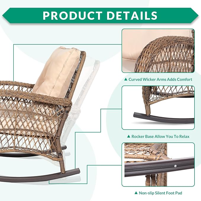 VIVIJASON Outdoor Wicker Rocking Chair, Patio Rattan Rocker Chair - Image 3