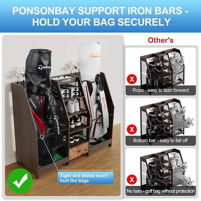 Golf Bag Storage Organizer for Garage, Premium Wooden 2 Golf Bags Rack - Image 5