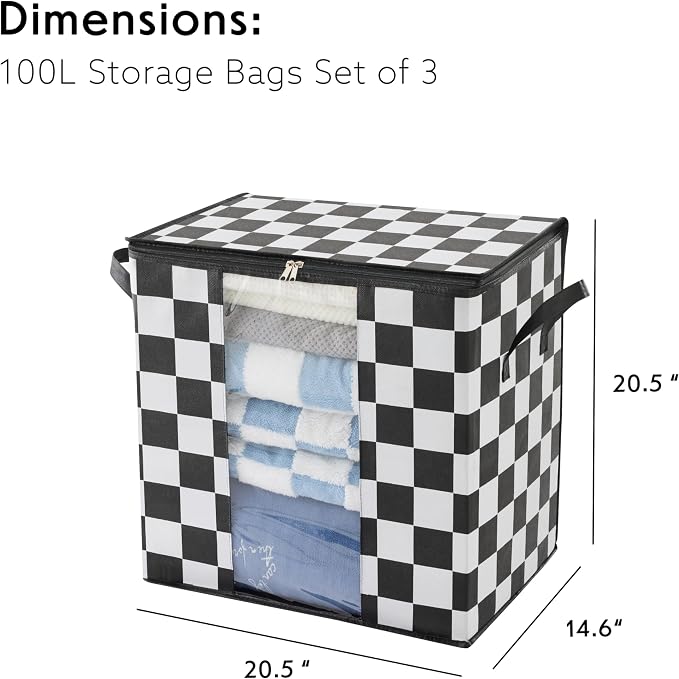 Black and White Checkered Clothes Storage Bins, 100L Large Blanket Storage Bags - Image 2