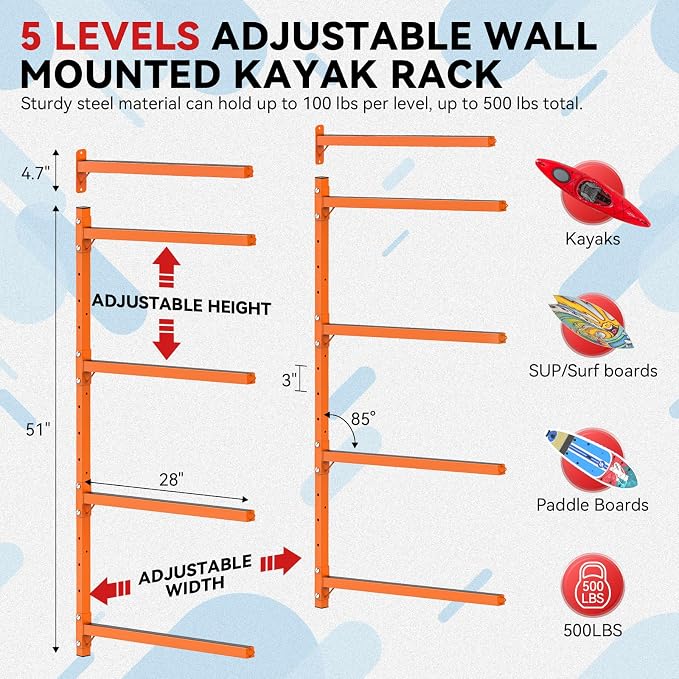 Kayak Storage Rack Wall Mount Adjustable 5 Levels Kayak Rack Wall Hanger Holder - Image 2