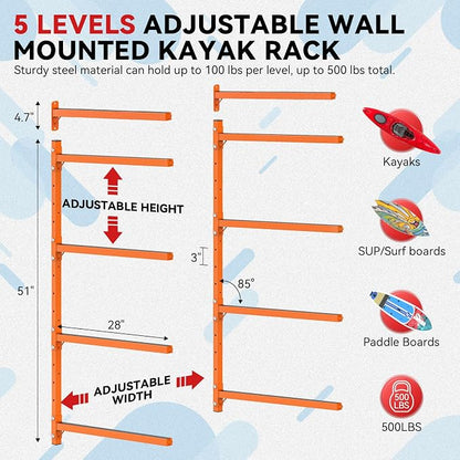 Kayak Storage Rack Wall Mount Adjustable 5 Levels Kayak Rack Wall Hanger Holder - Image 2