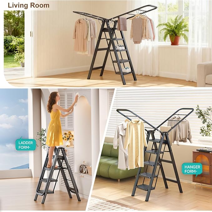 Multi-Functional 5 Step Ladder Used as Clothes Drying Rack, Sturdy Carbon Steel - Image 6