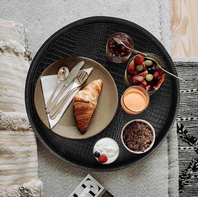 HofferRuffer Round Serving Tray 20'', Elegant Faux Leather Circle Ottoman Table - Image 4