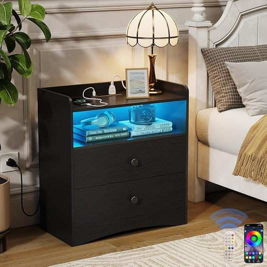 Nightstand with Charging Station and LED Light, Modern Nightstand with USB by MEMOBARCO