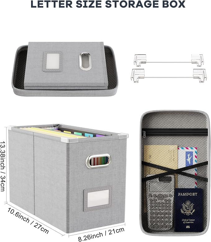 File Organizer Box with Lid, Hanging Filing File Box with Mesh Pocket, Document - Image 2