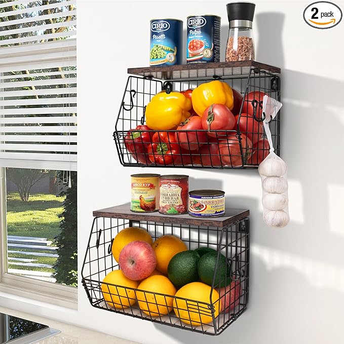 Mefirt Fruit Bowl, Stackable Wall Mounted Fruit Basket of Smooth Wood Lid by Mefirt
