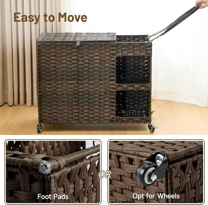 Laundry Hamper with Wheels, 42.3 Gal. Laundry Sorter with Shelves, Rattan - Image 6
