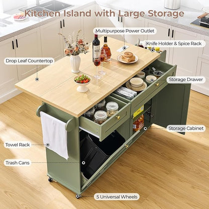 60.2" Kitchen Islands with Storage, Kitchen Island Cart with Trash Can Storage - Image 3