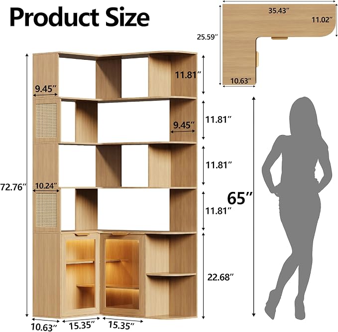 Corner Shelf with Storage Cabinet, 7-Tier Corner Bookshelf, Farmhouse L Shaped - Image 2