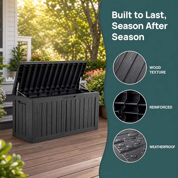 98 Gallon Large Deck Box, Waterproof Resin Outdoor Storage Box Lockable - Image 2