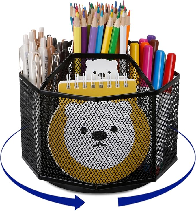 Comix 360° Rotating Pen Holder for Desk, 5 Compartments Office Desk Organizer by Comix