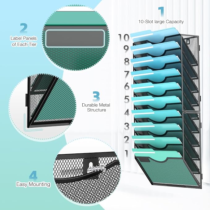 10-Tier Wall File Organizer Hanging Wall File Holder Wall Mount Paper Folder - Image 3