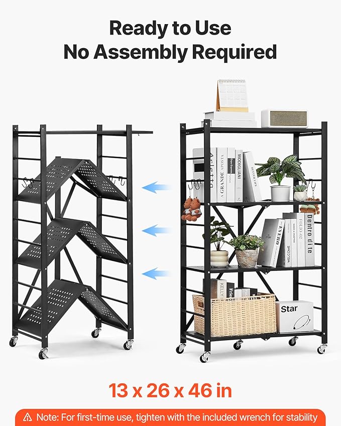 VEVOR 4-Tier Foldable Storage Shelf, 26W x 13D x 46H Inch Folding Metal Rack - Image 4