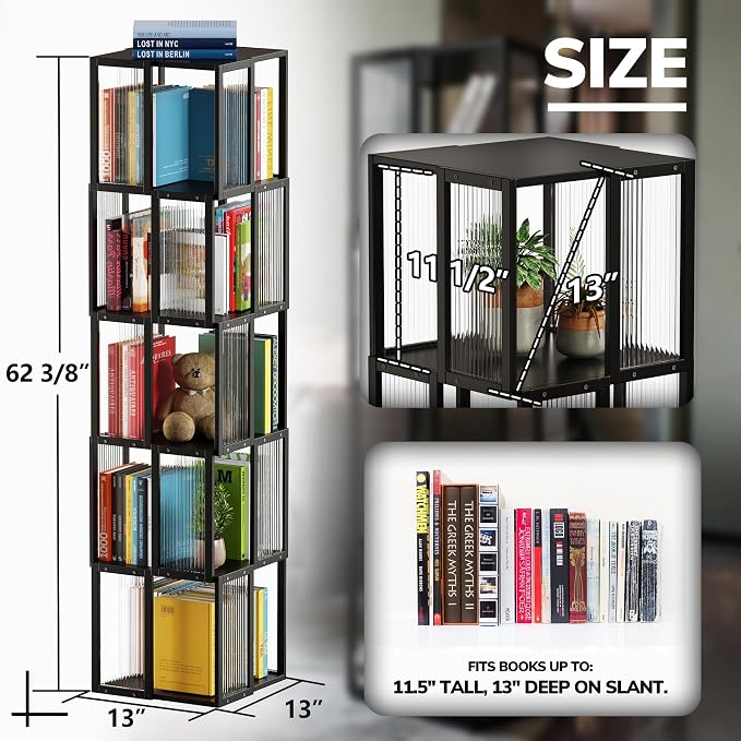 BAMEOS Solid Wood Rotating Bookshelf Tower 5 Tier，360°Storage Spinning Bookcase - Image 3