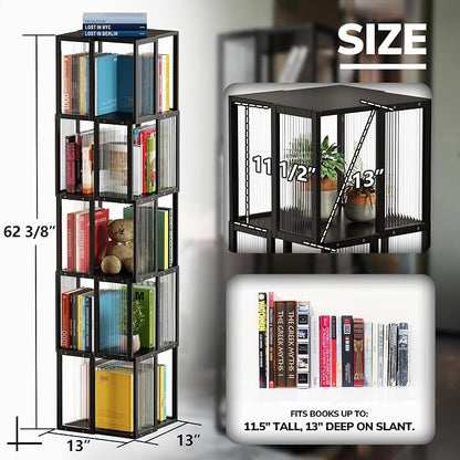 BAMEOS Solid Wood Rotating Bookshelf Tower 5 Tier，360°Storage Spinning Bookcase - Image 3