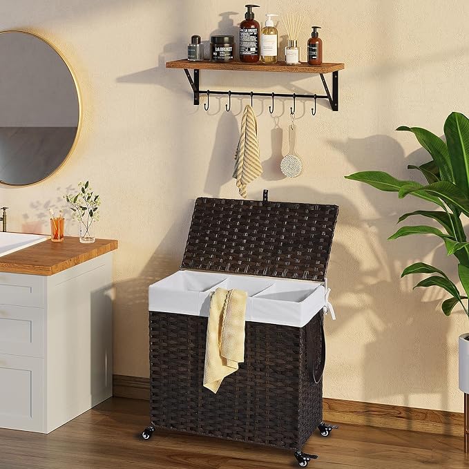 GREENSTELL Laundry Hamper with Wheels&Lid, 130L Large 3 Sections Clothes Hamper - Image 2
