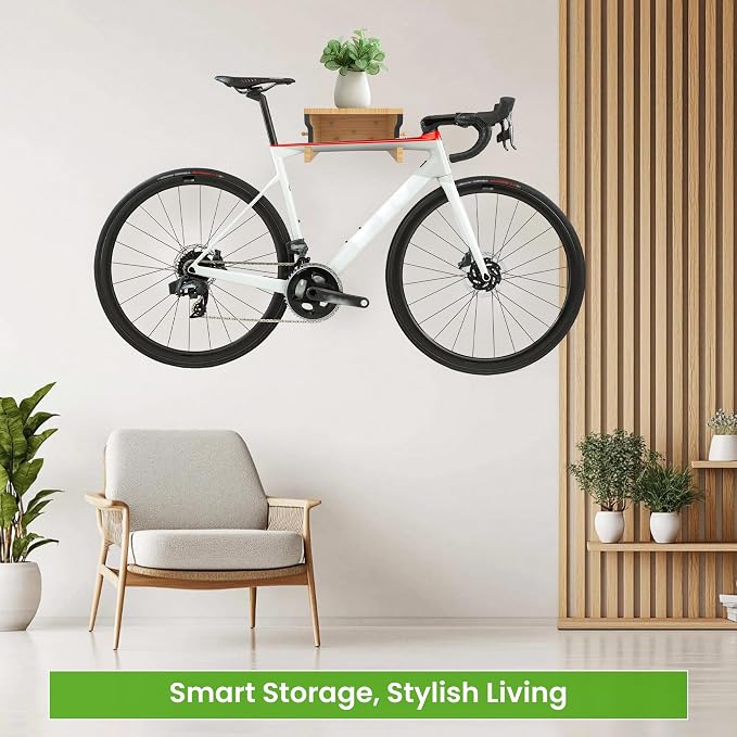 Wooden Bike Wall Mount w/Shelf & Hooks, Road Bike Storage Decor | Solid Wood - Image 6