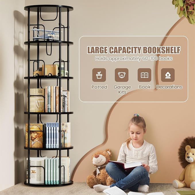 Flycity 5 Tier Rotating Bookshelf, 360° Corner Bookshelf Tower, Round Revolving - Image 6