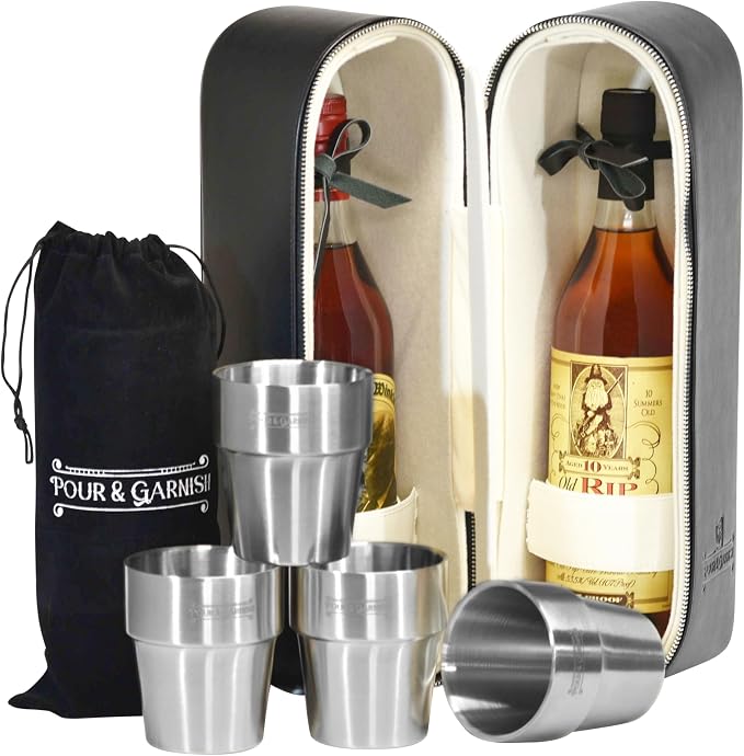 POUR & GARNISH Bourbon, Whiskey & Wine Double Bottle Travel Bag – Vegan Leather - Image 2