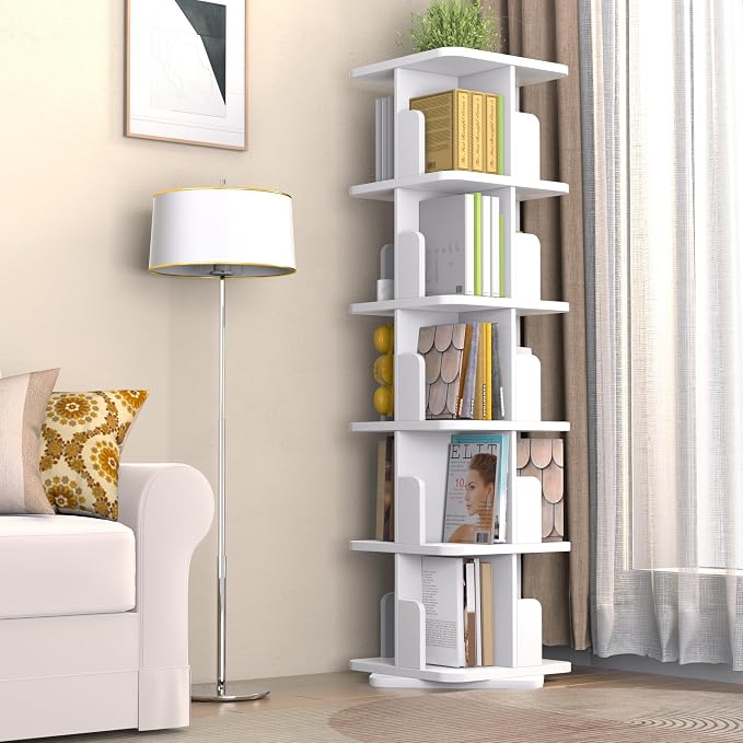 MHOM White Rotating Bookshelf, 360 Display 5 Tier Rotating Bookshelf Tower - Image 4