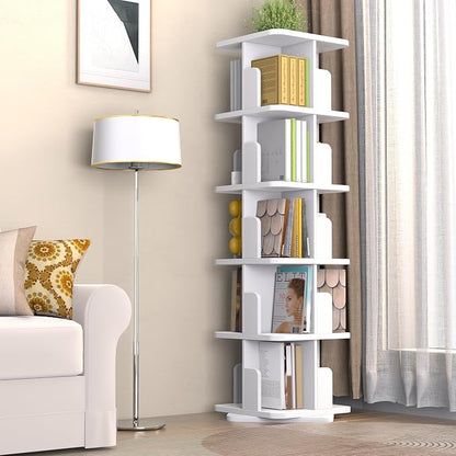 MHOM White Rotating Bookshelf, 360 Display 5 Tier Rotating Bookshelf Tower - Image 4