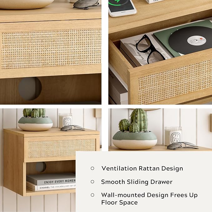 Rattan Floating Nightstands Set of 2, Wall Mounted End Table - Image 3