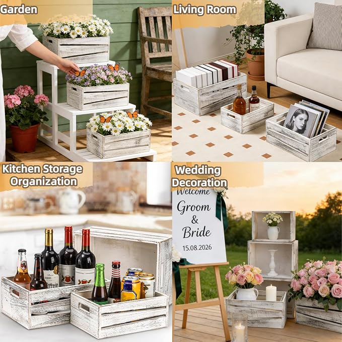 AVLA 3 Pack Wooden Storage Crates, Rustic Nesting Container Bin - Image 5