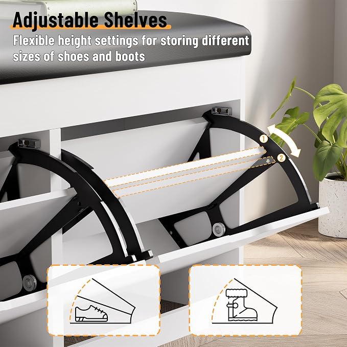40" Shoe Storage Bench with 2 Flip Drawers & Padded Seat Cushion, Shoe Cabinet - Image 5