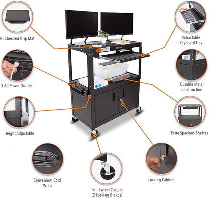 Line Leader Large AV Cart with Locking Cabinet | Height Adjustable Utility Cart - Image 2