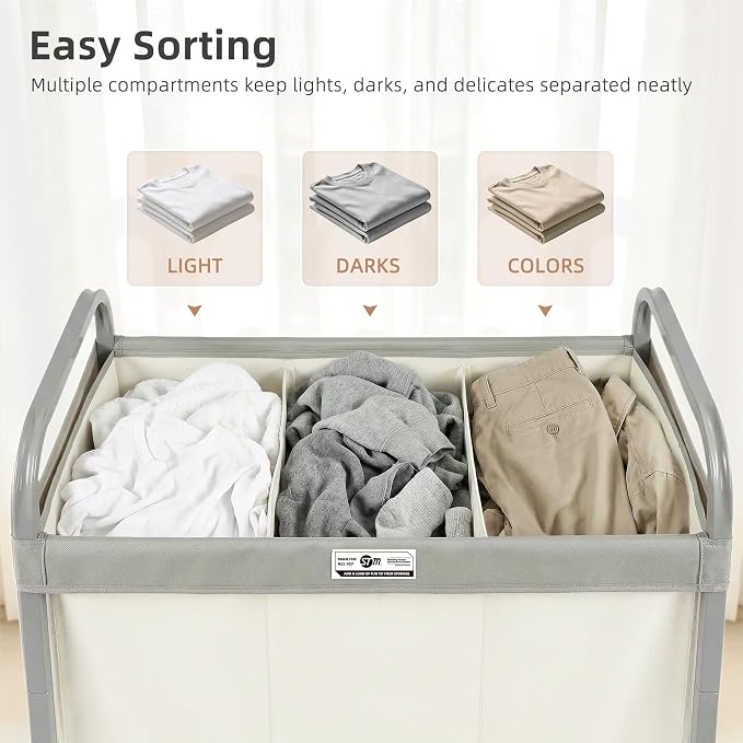STORAGE MANIAC 3 Section Laundry Sorter, 60 Gal. Laundry Hamper Cart - Image 6