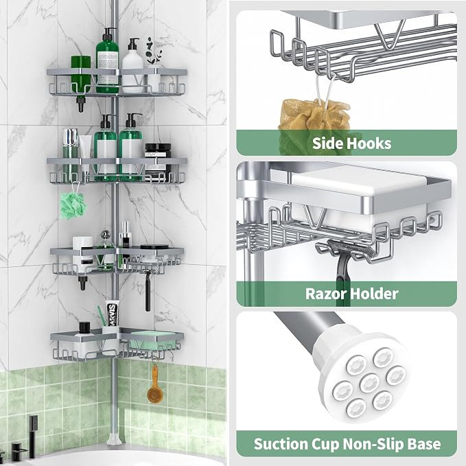 DAOYA Corner Shower Caddy Tension Pole, Light Gray | 4-Tier, Adjustable - Image 5