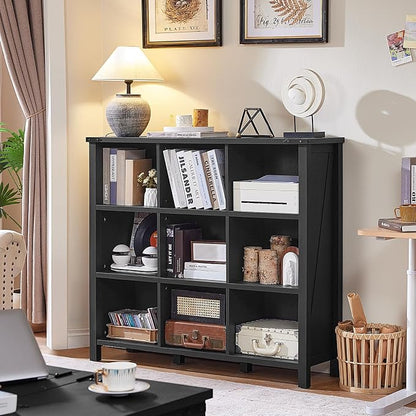 9 Cube Bookcase, Farmhouse 47 Inch Wide Black Bookshelf, Wooden 3 Tier Display - Image 2