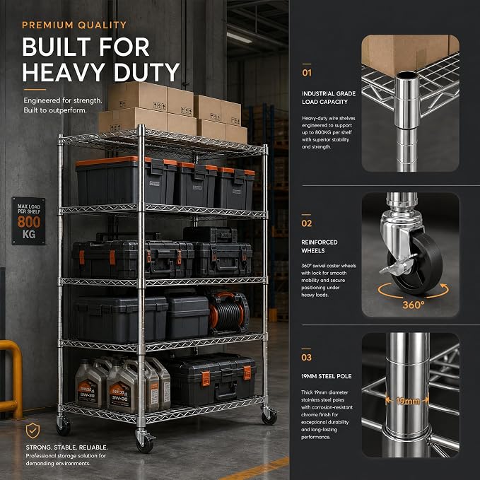 Wire Shelving with Cover, 5-Tier Metal Storage Rack, Lockable Wheels & Leveling - Image 6