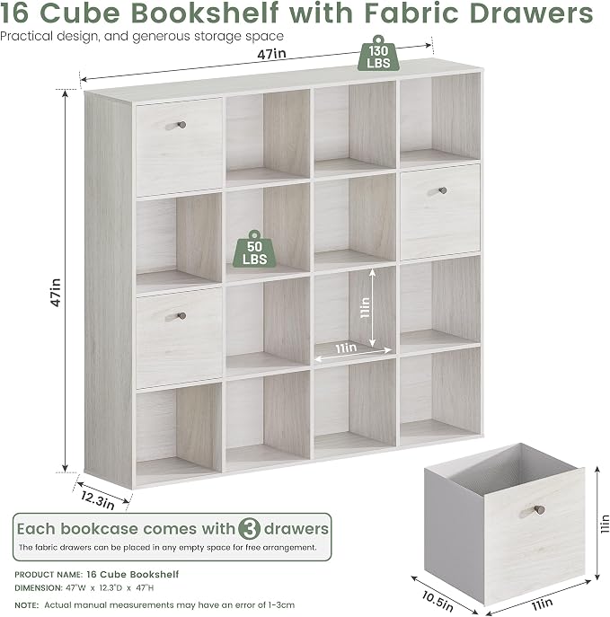 16 Cube Storage Organizer, Washed White Bookcase - Image 2